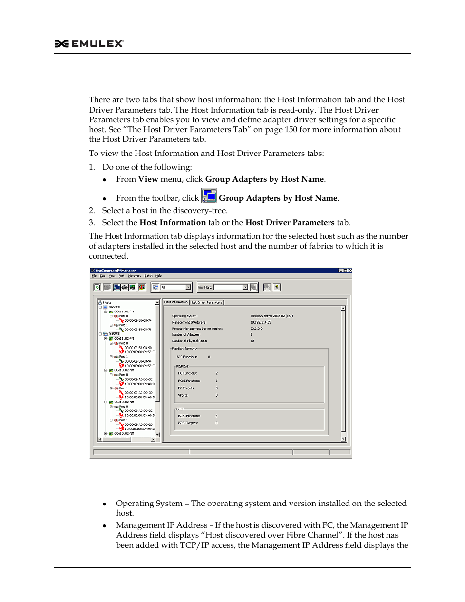 Managing hosts, Host information field definitions, Figure 7-1 | Dell Emulex Family of Adapters User Manual | Page 105 / 1815