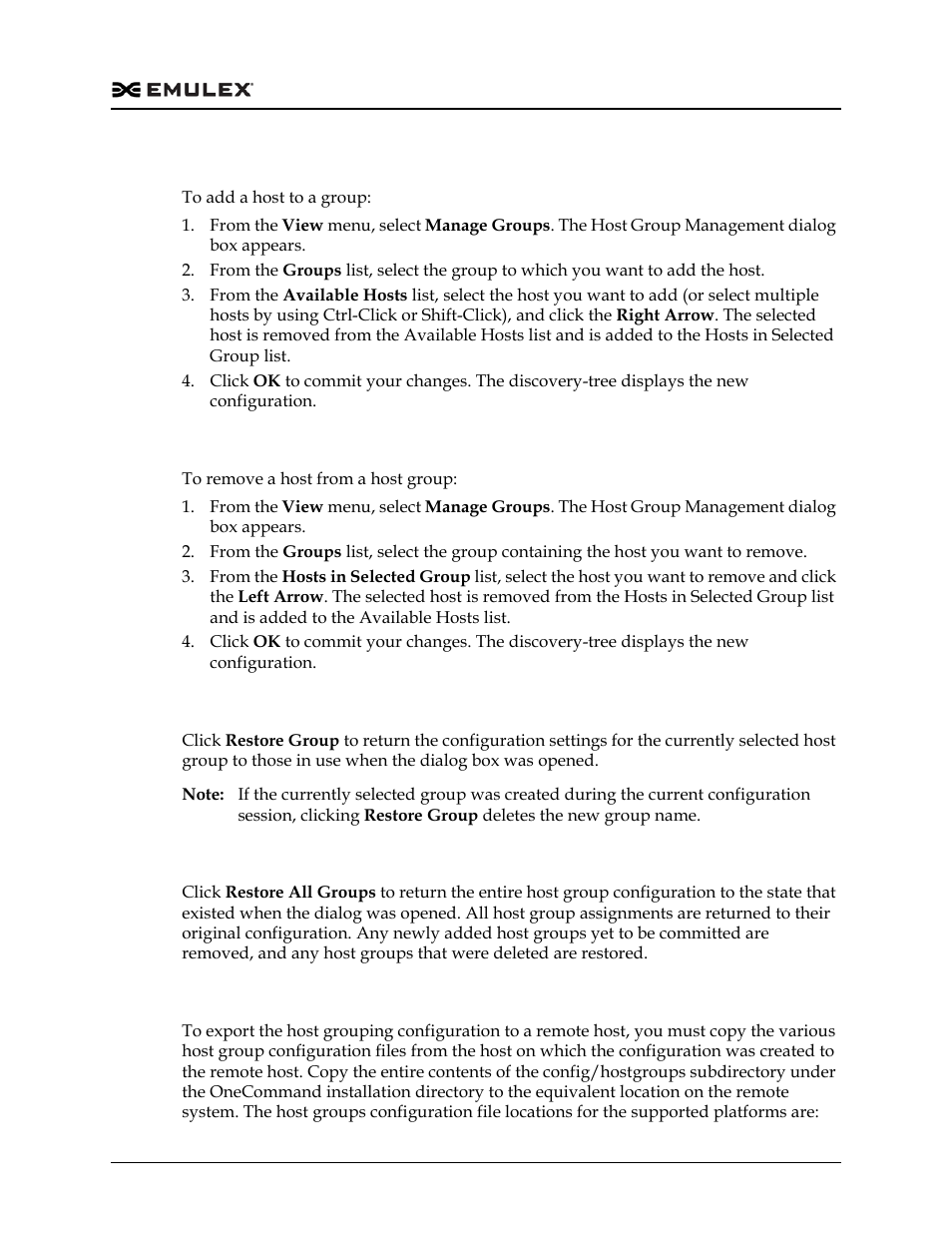 Adding a host to a host group, Removing a host from a host group, Restoring a host group | Restoring all host groups, Exporting host grouping configurations | Dell Emulex Family of Adapters User Manual | Page 111 / 1815