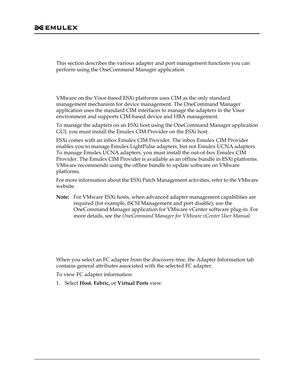 Managing adapters and ports, Using cim (windows only), Fc/fcoe | Viewing fc adapter information, Using cim (windows only) fc/fcoe | Dell Emulex Family of Adapters User Manual | Page 113 / 1815