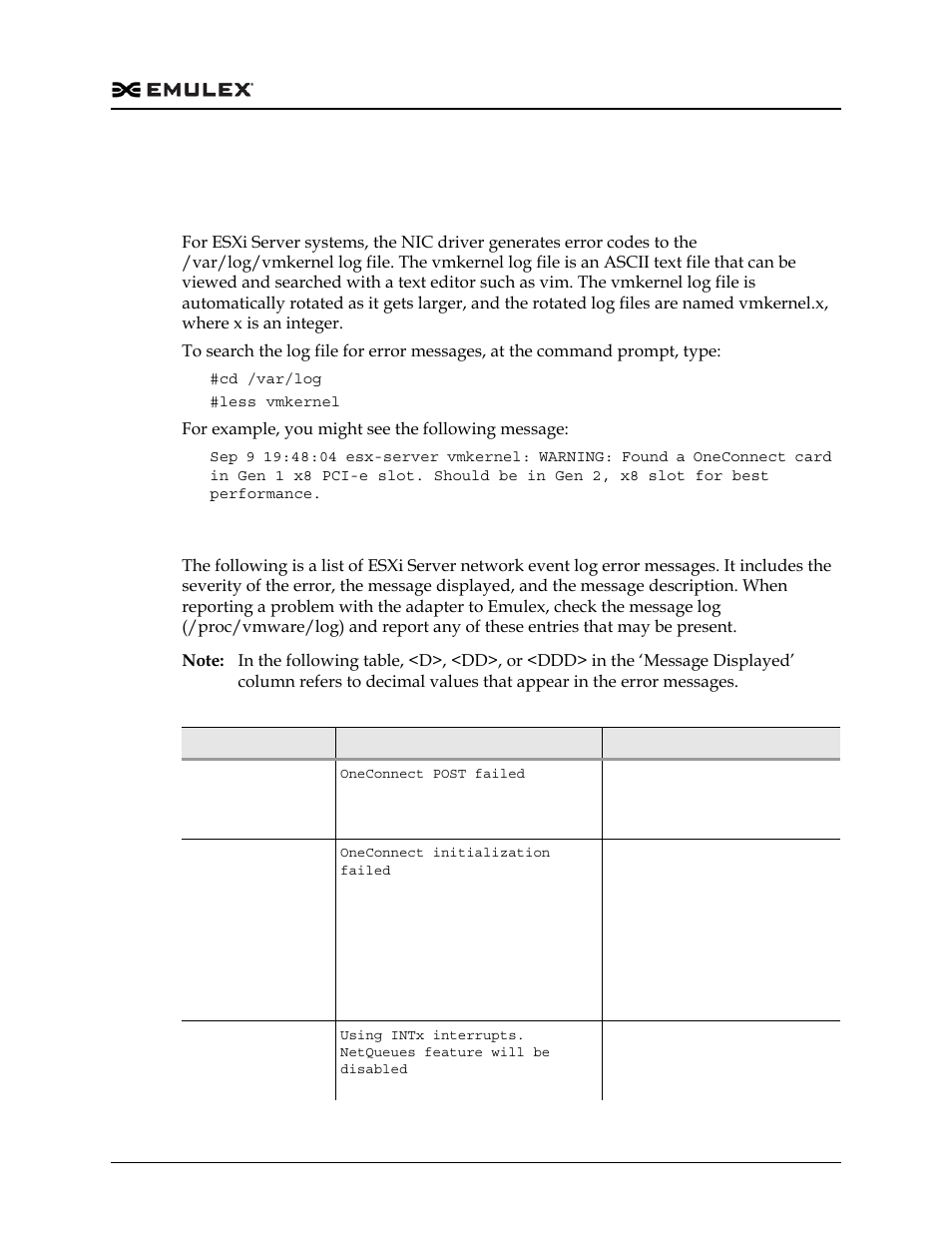 Nic event/error logging for esxi 5.0 and 5.1, Retrieving esxi server nic error log codes, Esxi server nic event log entries | Table 4-5 | Dell Emulex Family of Adapters User Manual | Page 1133 / 1815