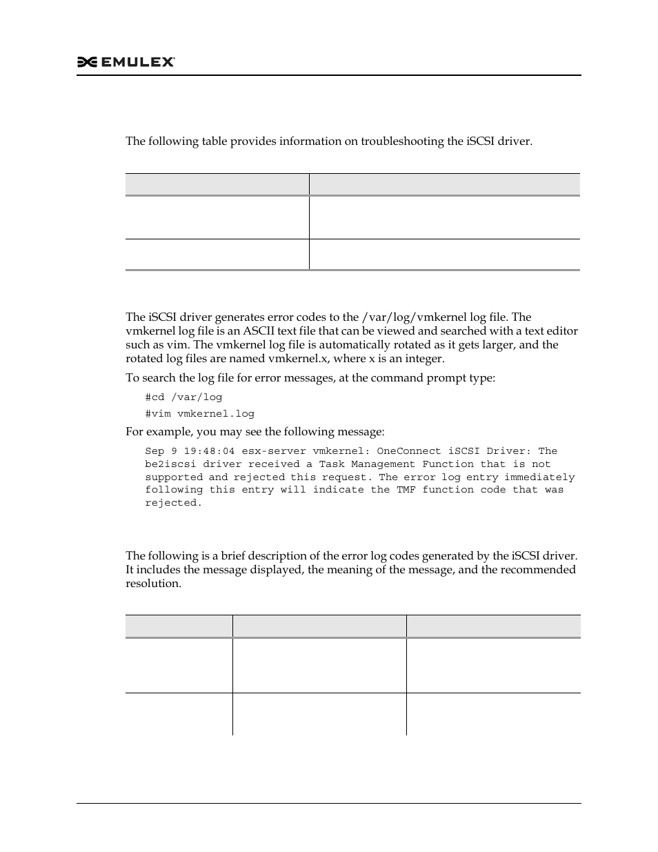 Troubleshooting the iscsi driver, Retrieving iscsi error log codes, Iscsi error log code entries | Troubleshooting the iscsi driver 6, Table 4-6, Table 4-7 | Dell Emulex Family of Adapters User Manual | Page 1136 / 1815