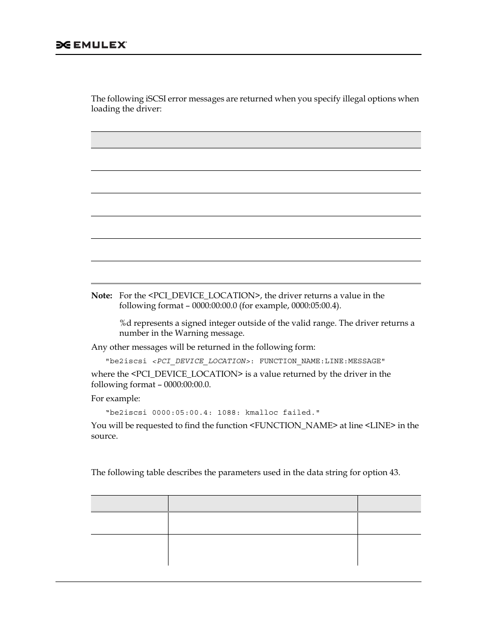 Additional iscsi driver messages, Description of mandatory and optional parameters, Table 4-8 | Table 4-9 | Dell Emulex Family of Adapters User Manual | Page 1139 / 1815