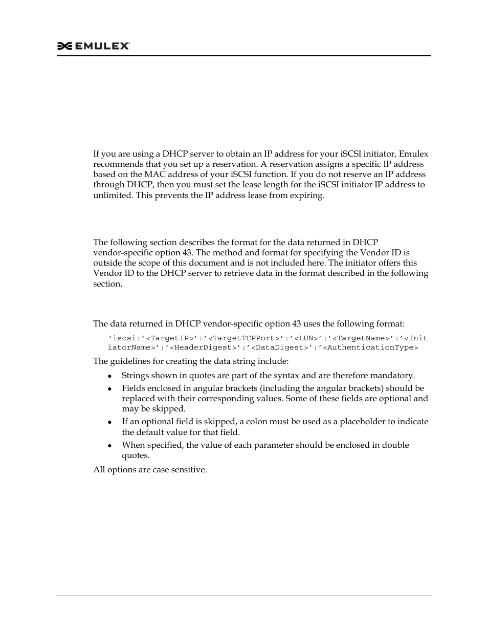 Appendix a. configuring iscsi through dhcp, Vendor-specific option 43, Format of vendor-specific option 43 | Appendix a. configuring iscsi through dhcp 6 | Dell Emulex Family of Adapters User Manual | Page 1146 / 1815