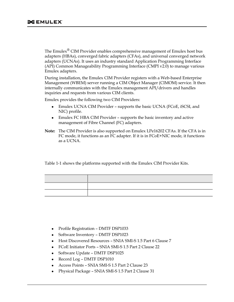 Introduction, Supported platforms, Supported cim provider profiles | Emulex ucnas and fc hbas, Introduction 9, Table 1-1 | Dell Emulex Family of Adapters User Manual | Page 1149 / 1815