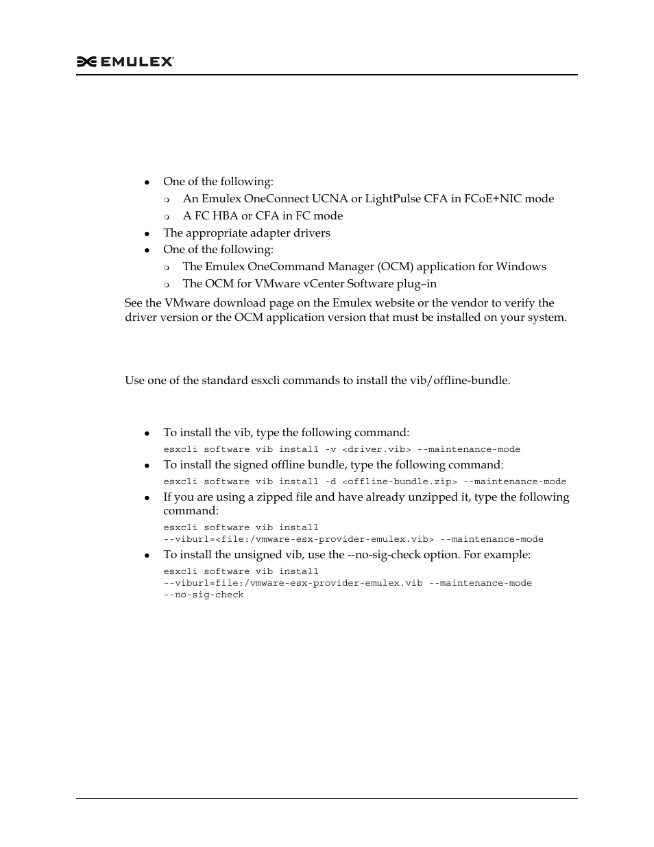 Installing the emulex cim provider, Prerequisites, Vmware | Installing the vib, Installing the emulex cim provider 1, Prerequisites 1 vmware 1 | Dell Emulex Family of Adapters User Manual | Page 1151 / 1815