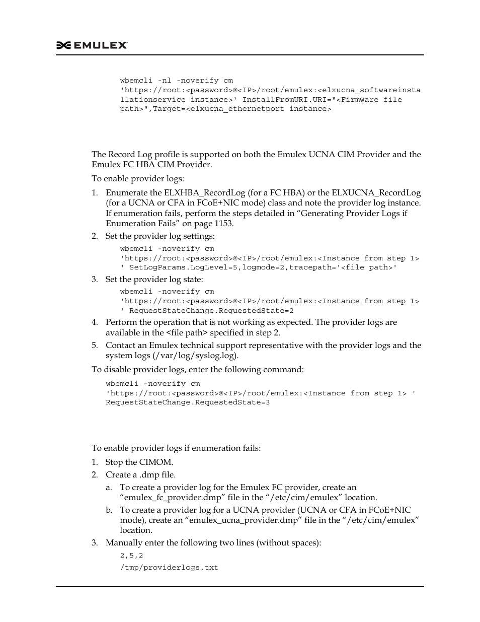 Enabling logs and collecting symptoms, Generating provider logs if enumeration fails | Dell Emulex Family of Adapters User Manual | Page 1153 / 1815