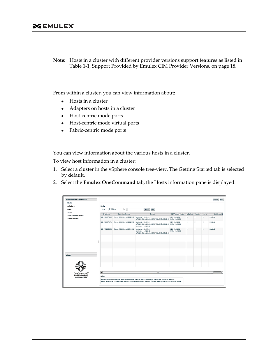 Managing clusters, Viewing information in a cluster, Viewing host information in a cluster | Managing clusters 4, Viewing information in a cluster 4, Figure 4-1 | Dell Emulex Family of Adapters User Manual | Page 1184 / 1815