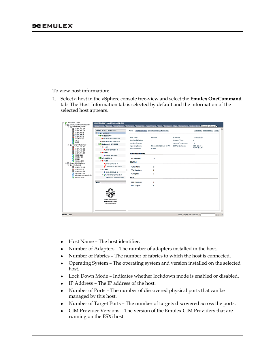 Managing hosts, Viewing information for a single host, Host information field definitions | Managing hosts 1, Figure 5-1 | Dell Emulex Family of Adapters User Manual | Page 1191 / 1815