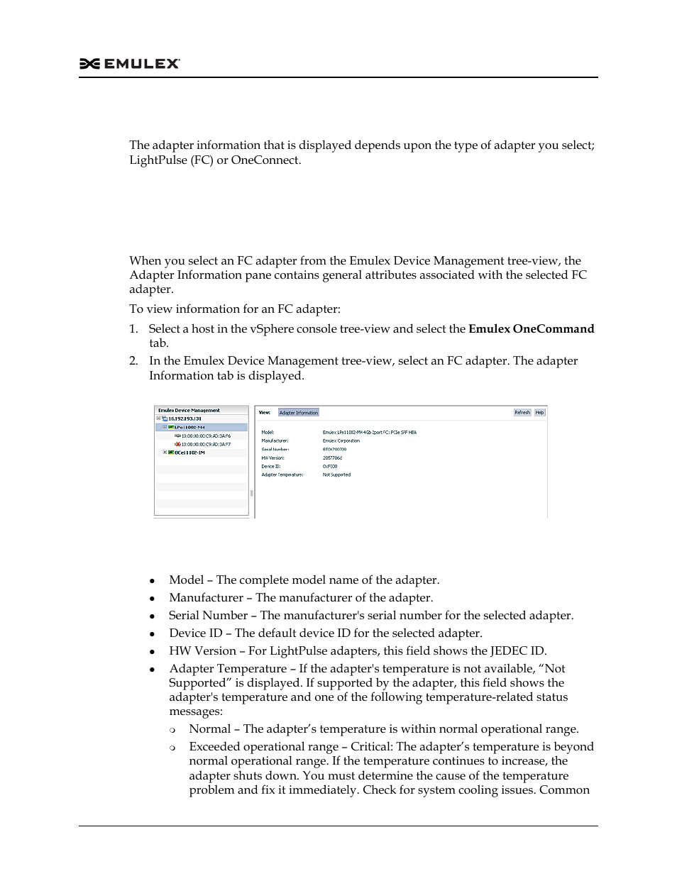 Managing adapters and ports, Fc and fcoe ports, Viewing fc adapter information | Fc adapter information field definitions, Managing adapters and ports 6, Fc and fcoe ports 6, Figure 6-1 | Dell Emulex Family of Adapters User Manual | Page 1196 / 1815