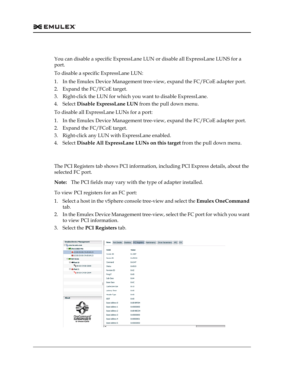 Disabling expresslane luns, Viewing pci registers for an fc port, Figure 6-13 | Dell Emulex Family of Adapters User Manual | Page 1211 / 1815