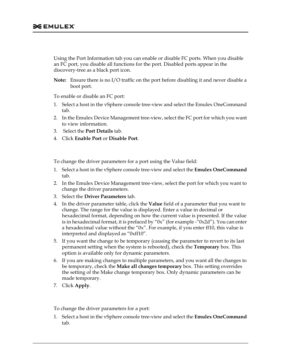 Enabling and disabling fc ports, Setting driver parameters for an fc/fcoe port | Dell Emulex Family of Adapters User Manual | Page 1221 / 1815