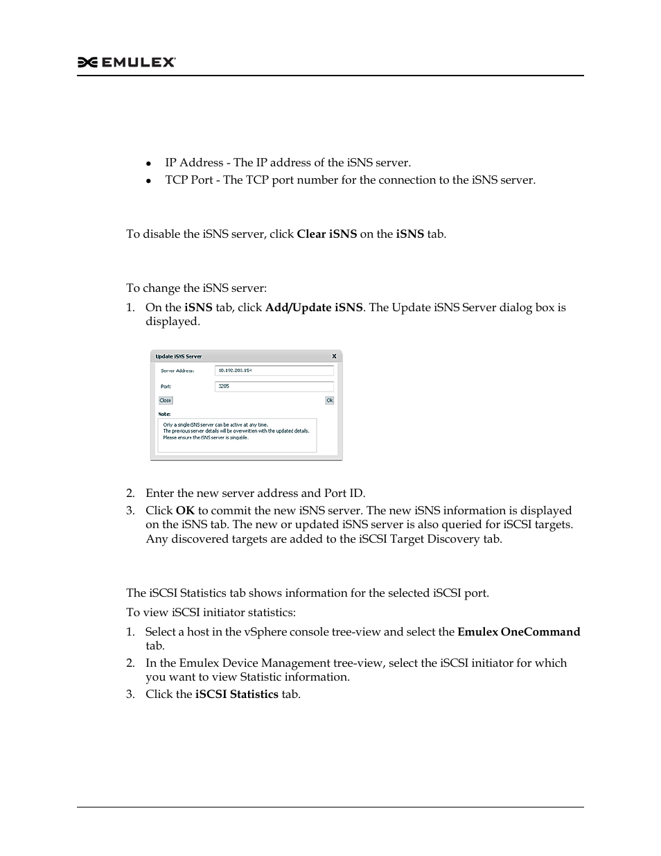 Isns tab field definitions, Disabling the isns server, Changing the isns server | Viewing iscsi initiator statistics, Figure 6-25 | Dell Emulex Family of Adapters User Manual | Page 1226 / 1815