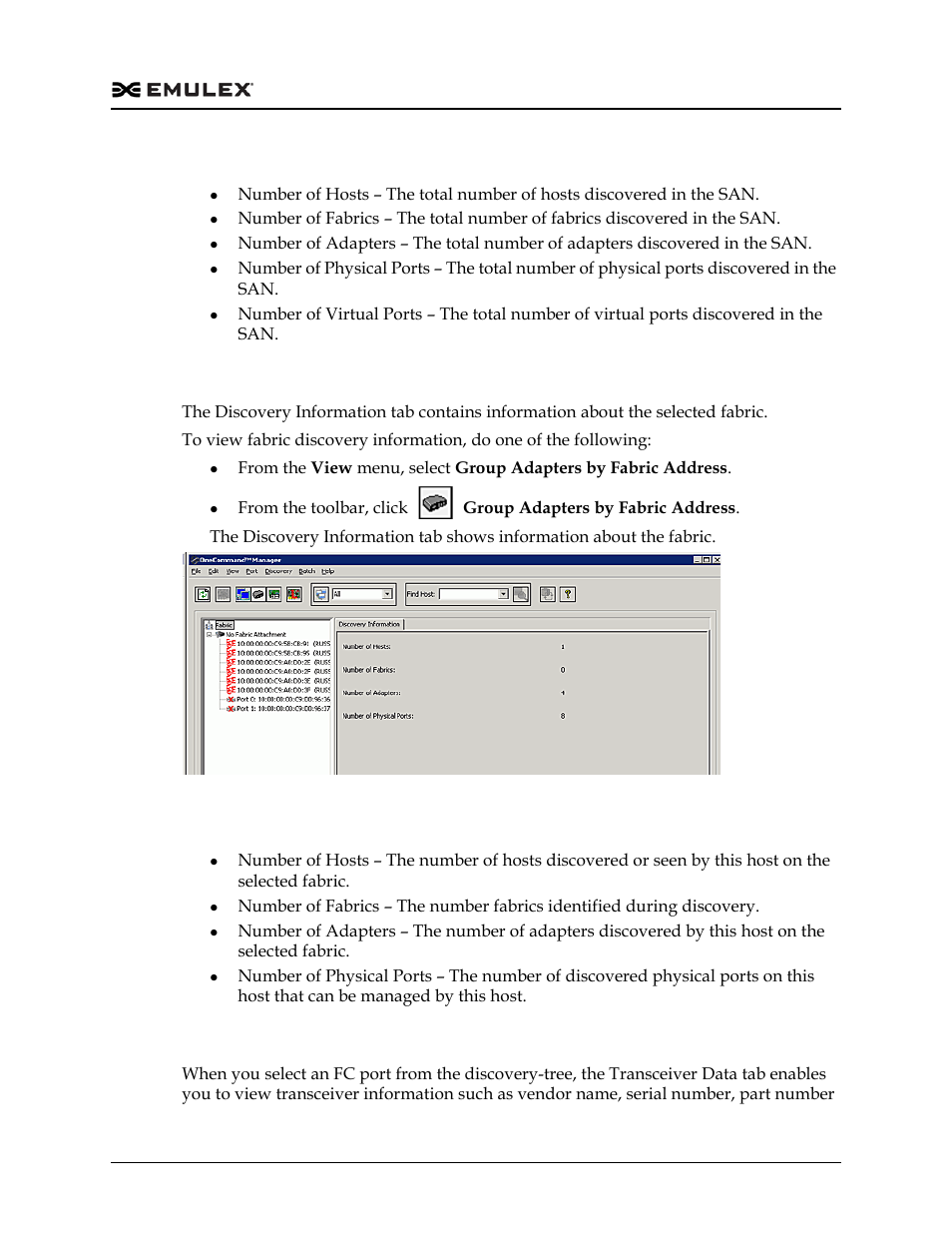 Virtual port information field definitions, Viewing fc/fcoe fabric information, Discovery information field definitions | Viewing fc transceiver information, Figure 8-6 | Dell Emulex Family of Adapters User Manual | Page 123 / 1815