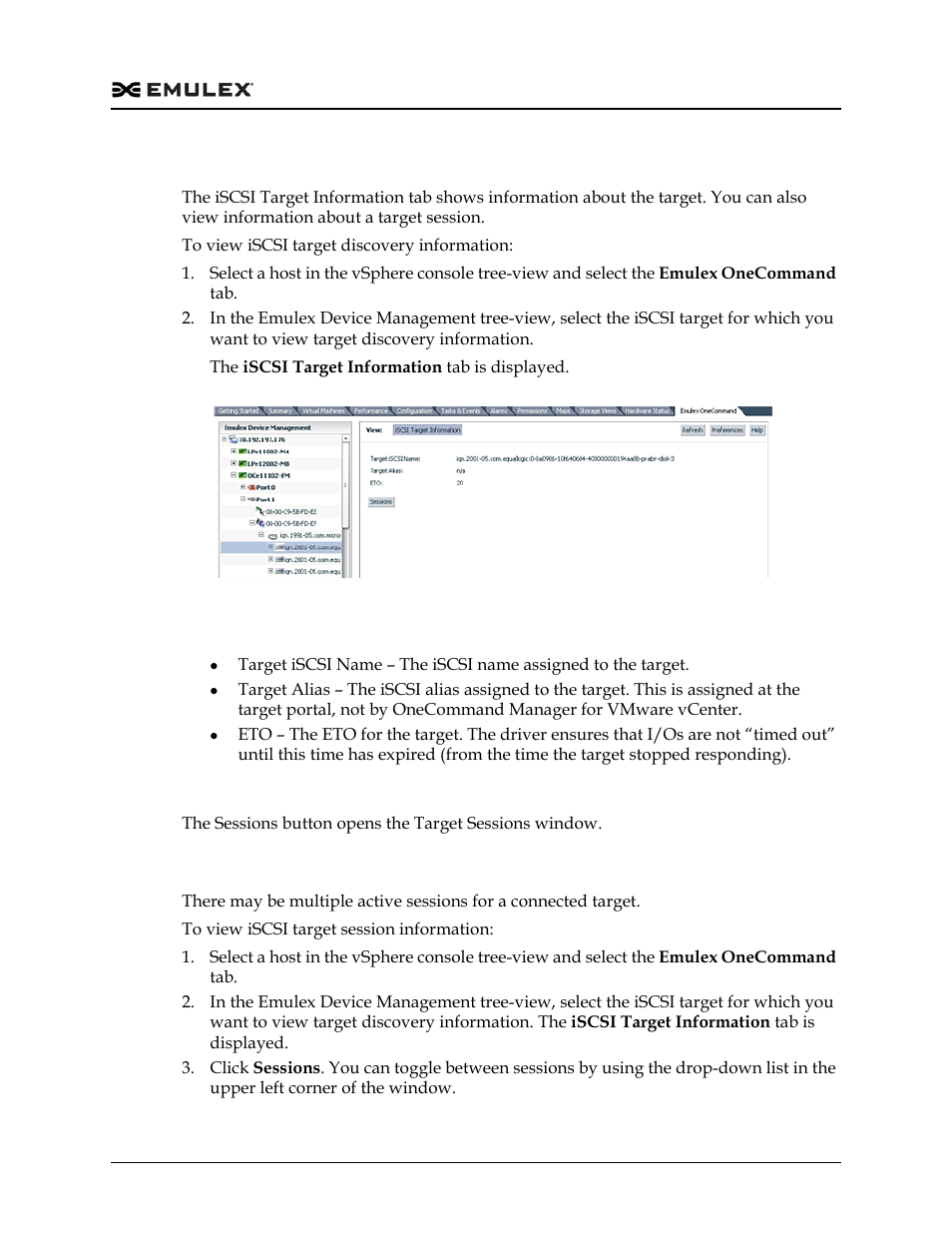 Viewing iscsi target information, Iscsi target information tab field definitions, Viewing target session information | Figure 6-30 | Dell Emulex Family of Adapters User Manual | Page 1233 / 1815