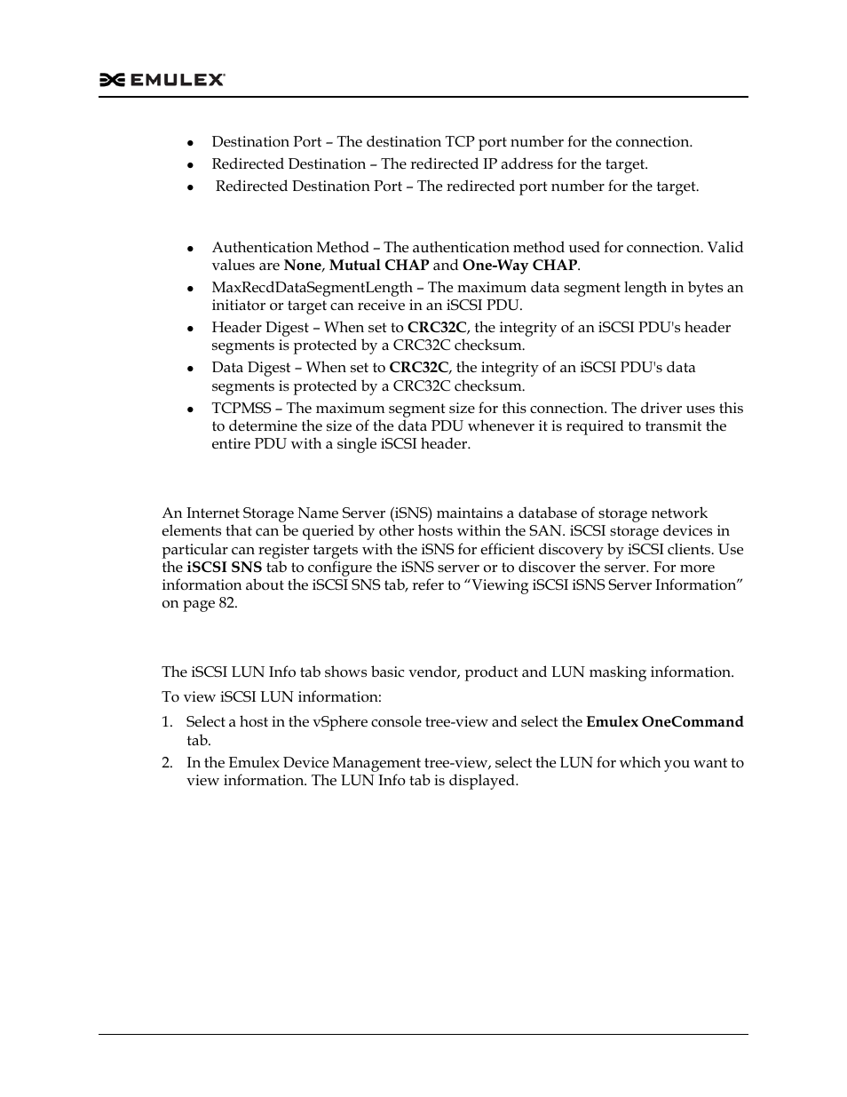 Configuring isns for iscsi target discovery, Viewing iscsi lun information | Dell Emulex Family of Adapters User Manual | Page 1236 / 1815