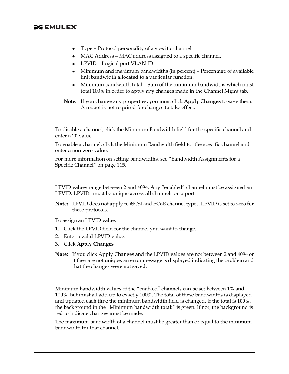 Disabling a specific channel, Lpvid assignment for a specific channel, Bandwidth assignments for a specific channel | Dell Emulex Family of Adapters User Manual | Page 1258 / 1815