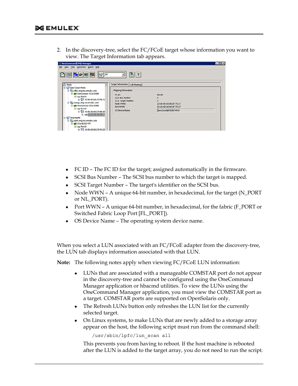 Target information field definitions, Viewing fc/fcoe lun information, Figure 8-11 | Dell Emulex Family of Adapters User Manual | Page 130 / 1815