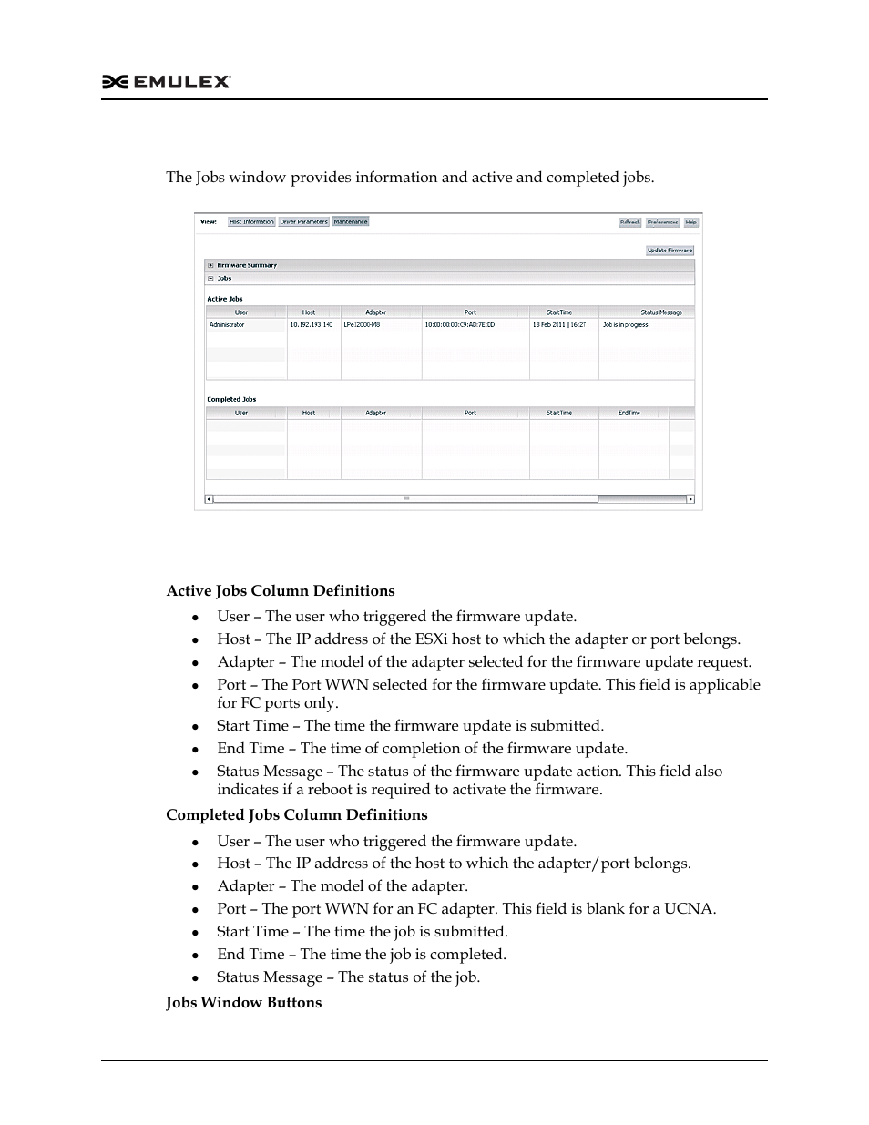 Jobs window for an fc port, Figure 7-9, Jobs window field definitions | Dell Emulex Family of Adapters User Manual | Page 1303 / 1815