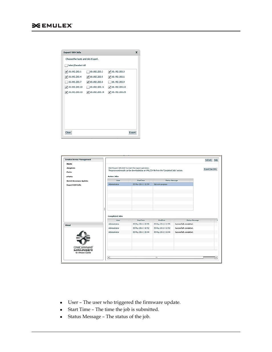 Export san info window field definitions, Active jobs column definitions, Figure 8-2 | Figure 8-3, D (figure 8-2 on | Dell Emulex Family of Adapters User Manual | Page 1307 / 1815