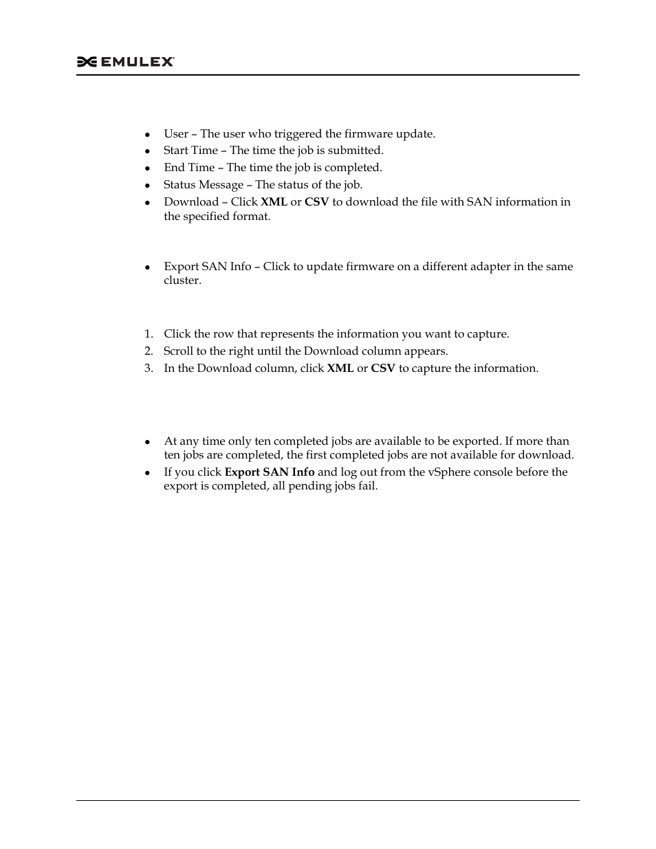 Completed jobs column definitions, Jobs window buttons, Capturing san information in xml or csv format | Dell Emulex Family of Adapters User Manual | Page 1308 / 1815