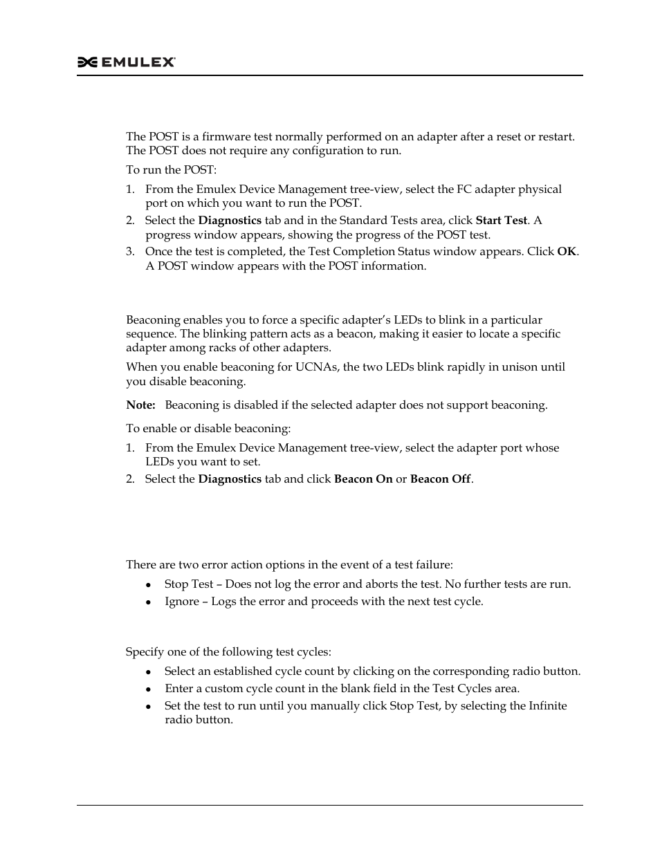 Running a power on self test (post), Using beaconing, Setting up diagnostic test options | Setting up a test failure error action, Setting up test cycles | Dell Emulex Family of Adapters User Manual | Page 1314 / 1815