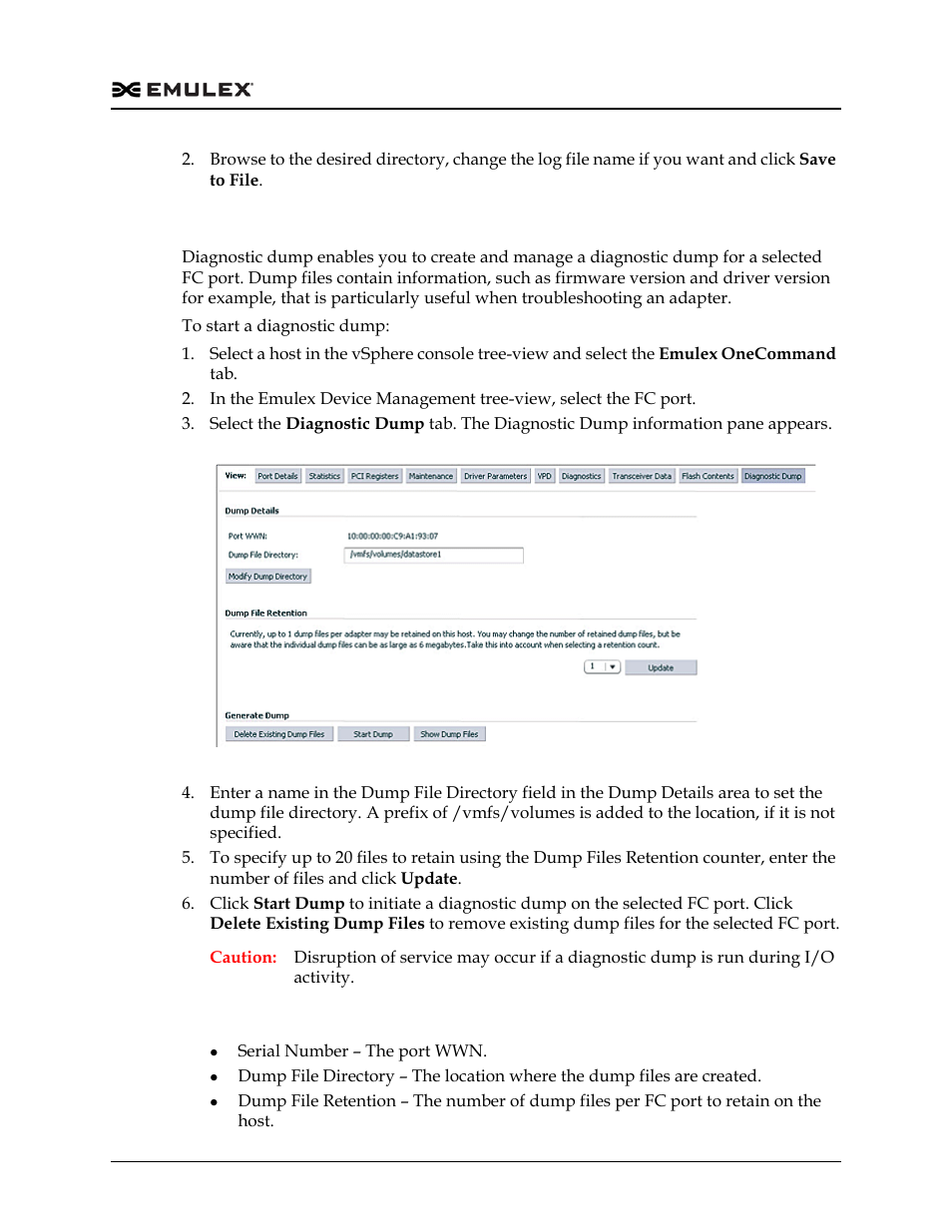 Creating fc port diagnostic dumps, Diagnostic dump tab field definitions, Figure 9-8 | Dell Emulex Family of Adapters User Manual | Page 1316 / 1815