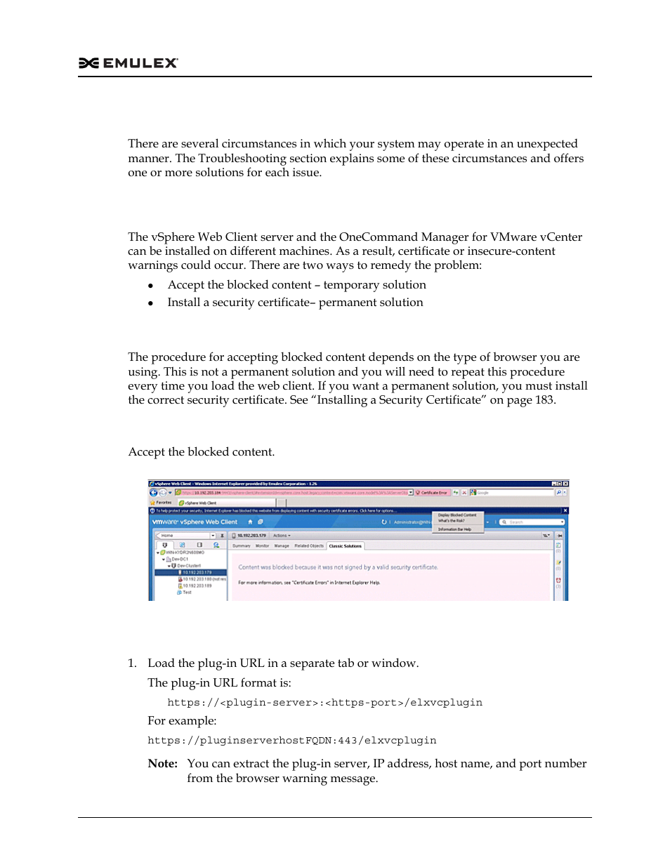 Troubleshooting, Security, Accepting the blocked content | Internet explorer, Chrome and firefox, Troubleshooting 5, Security 5, Figure 10-1 | Dell Emulex Family of Adapters User Manual | Page 1325 / 1815