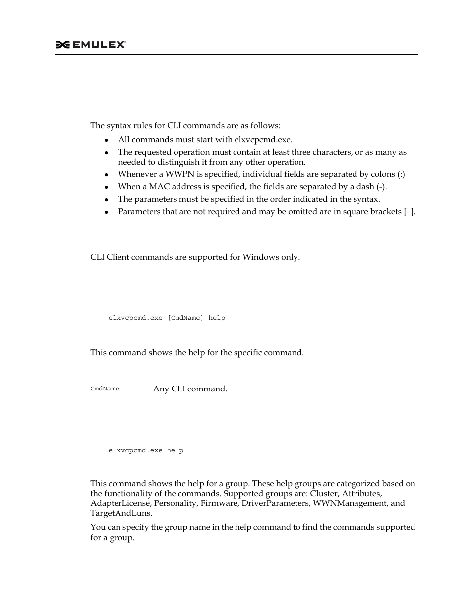 Using the cli client, Syntax rules, The command reference | Help (single command), Syntax, Description, Parameters, Help (group), Using the cli client 1 the command reference 1 | Dell Emulex Family of Adapters User Manual | Page 1331 / 1815