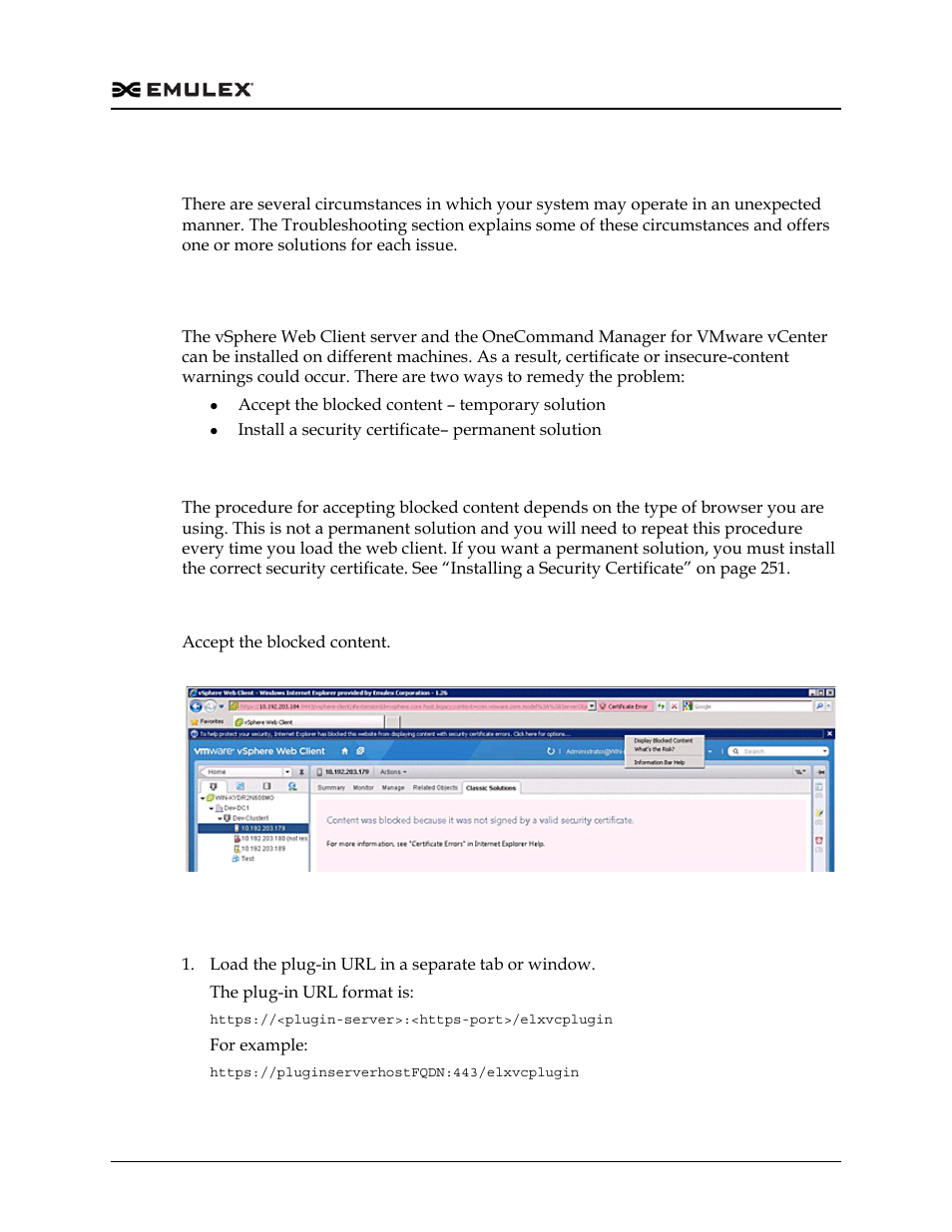 Troubleshooting, Security, Accepting the blocked content | Internet explorer, Chrome and firefox, Troubleshooting 3, Security 3, Figure 12-1 | Dell Emulex Family of Adapters User Manual | Page 1393 / 1815