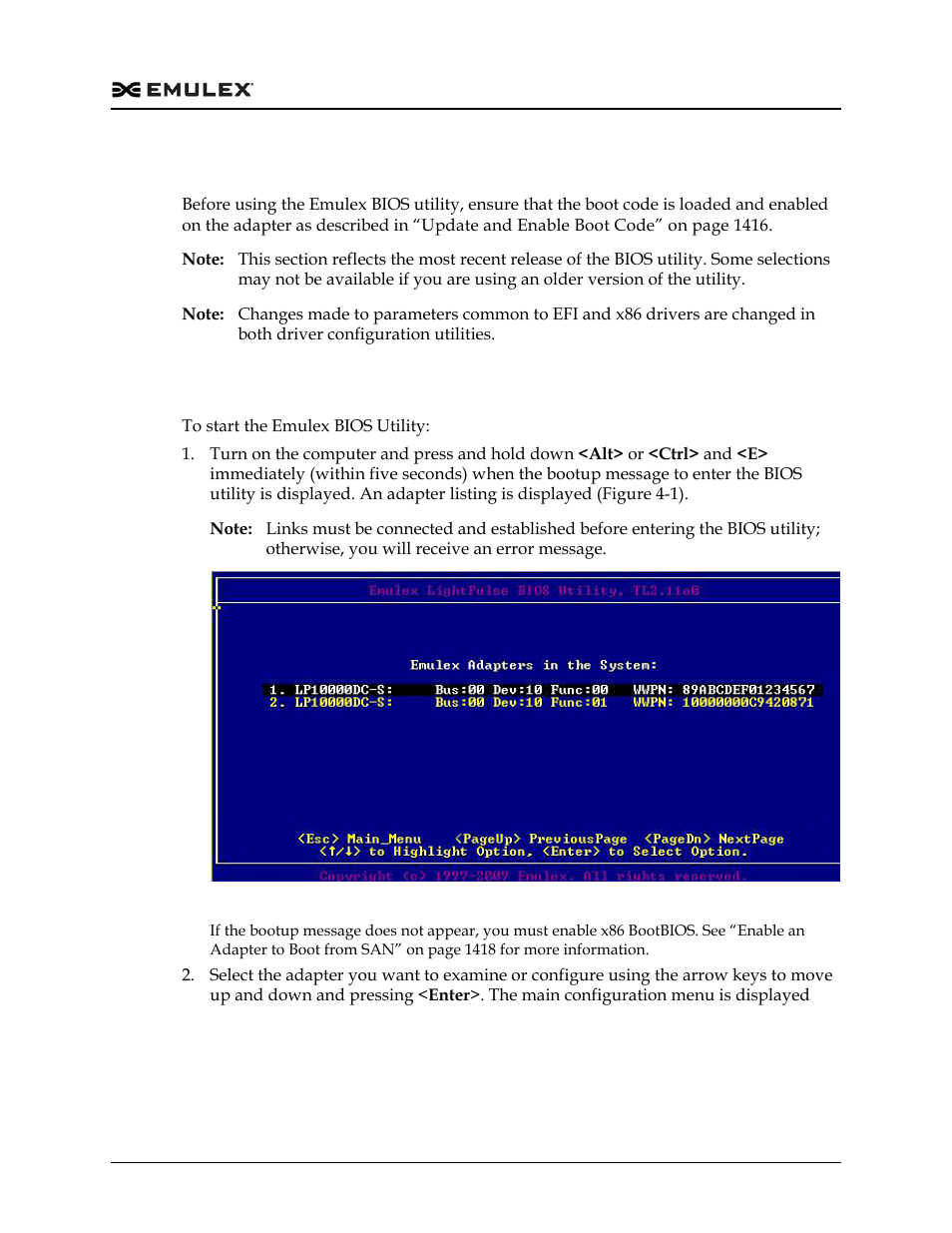 Emulex bios utility, Start the emulex bios utility, Emulex bios utility 7 | Start the emulex bios utility 7, Figure 4-1 | Dell Emulex Family of Adapters User Manual | Page 1417 / 1815