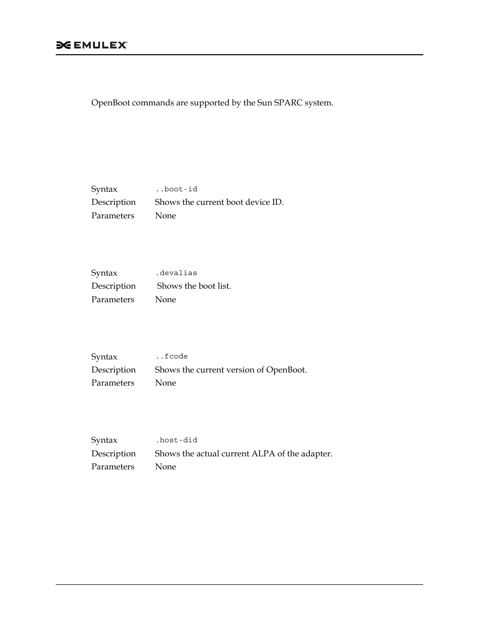 Openboot, Attribute commands, Boot-id | Devalias, Fcode, Host-did, Openboot 6, Attribute commands 6, Boot-id devalias .fcode host-did | Dell Emulex Family of Adapters User Manual | Page 1436 / 1815