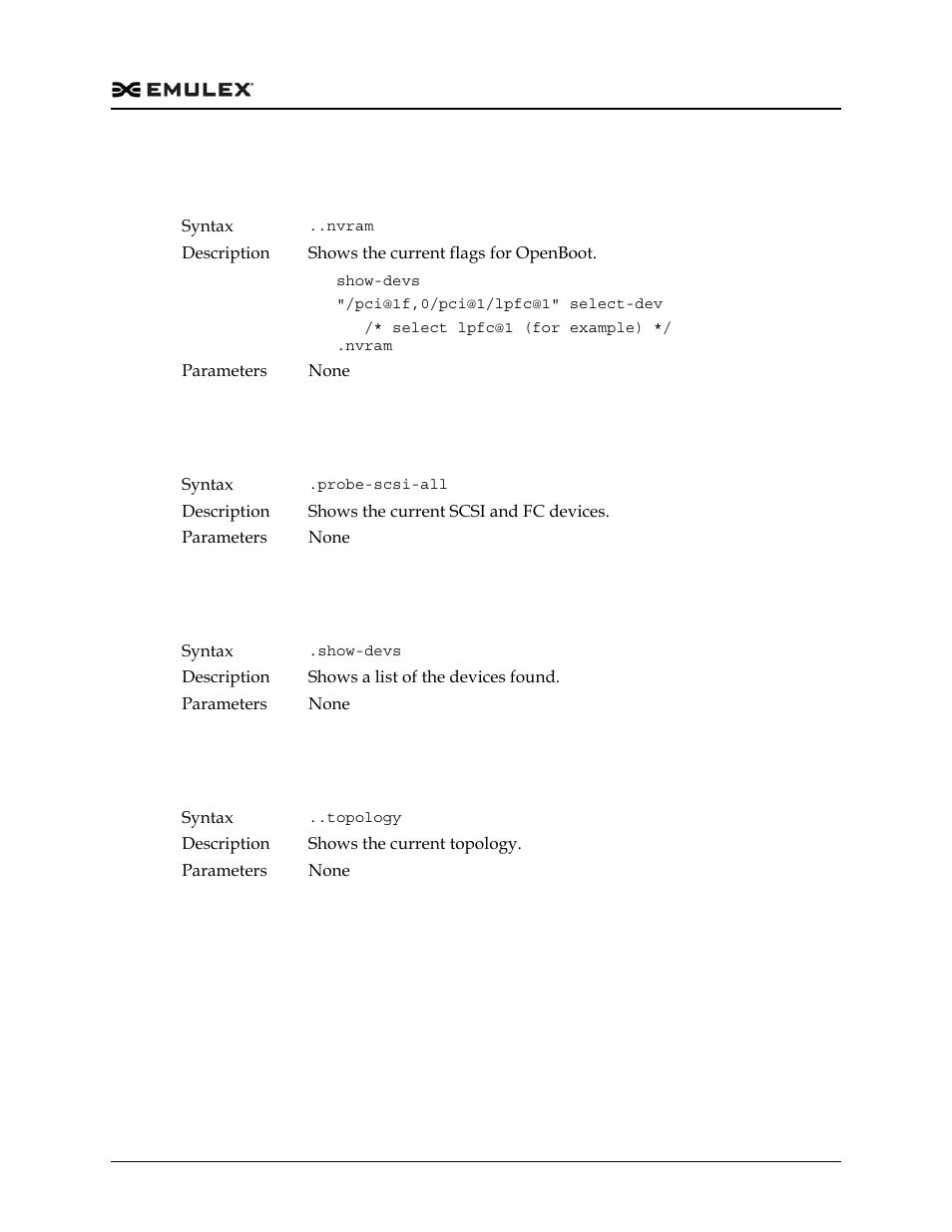 Nvram, Probe-scsi-all, Show-devs | Topology, Nvram probe-scsi-all show-devs .topology | Dell Emulex Family of Adapters User Manual | Page 1437 / 1815