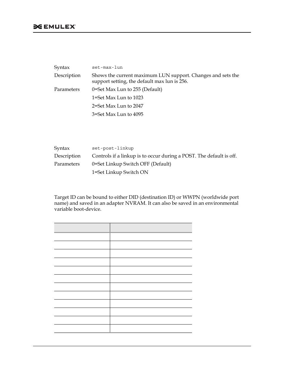 Set-max-lun, Set-post-linkup, Openboot signature | Table 5-1, Set-max-lun set-post-linkup openboot signature | Dell Emulex Family of Adapters User Manual | Page 1439 / 1815