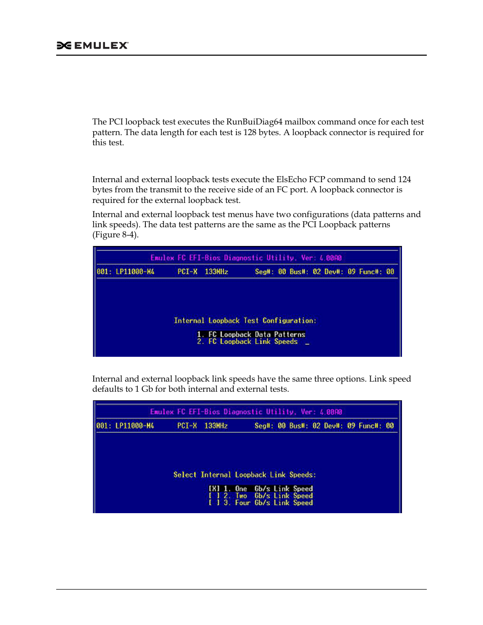 Diagnostic test specifics, Pci loopback test, Internal and external loopback tests | Figure 8-6, Figure 8-7 | Dell Emulex Family of Adapters User Manual | Page 1500 / 1815