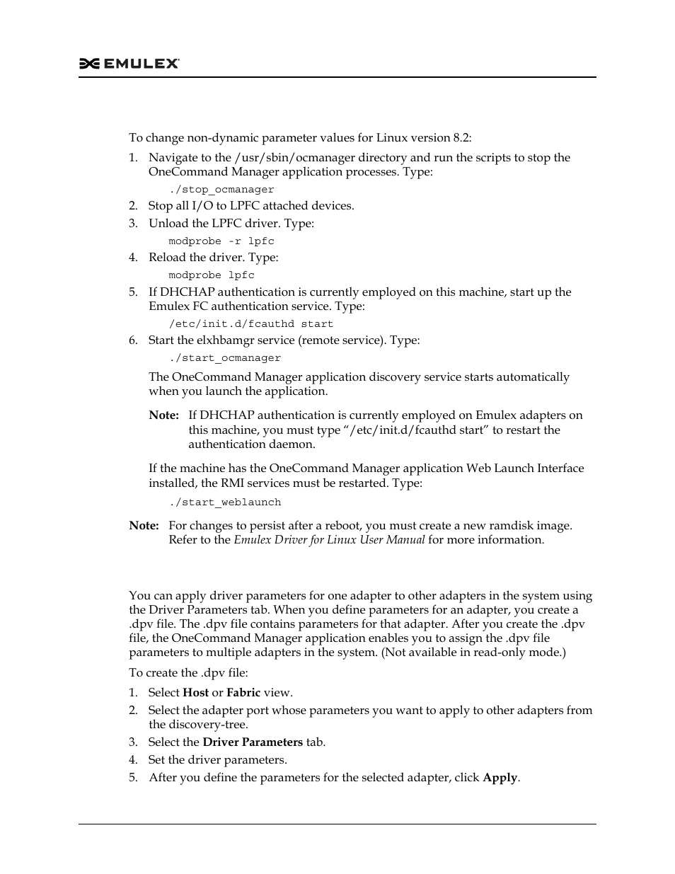 Changing non-dynamic parameter values (linux 8.2), Creating a batch mode driver parameters file | Dell Emulex Family of Adapters User Manual | Page 155 / 1815