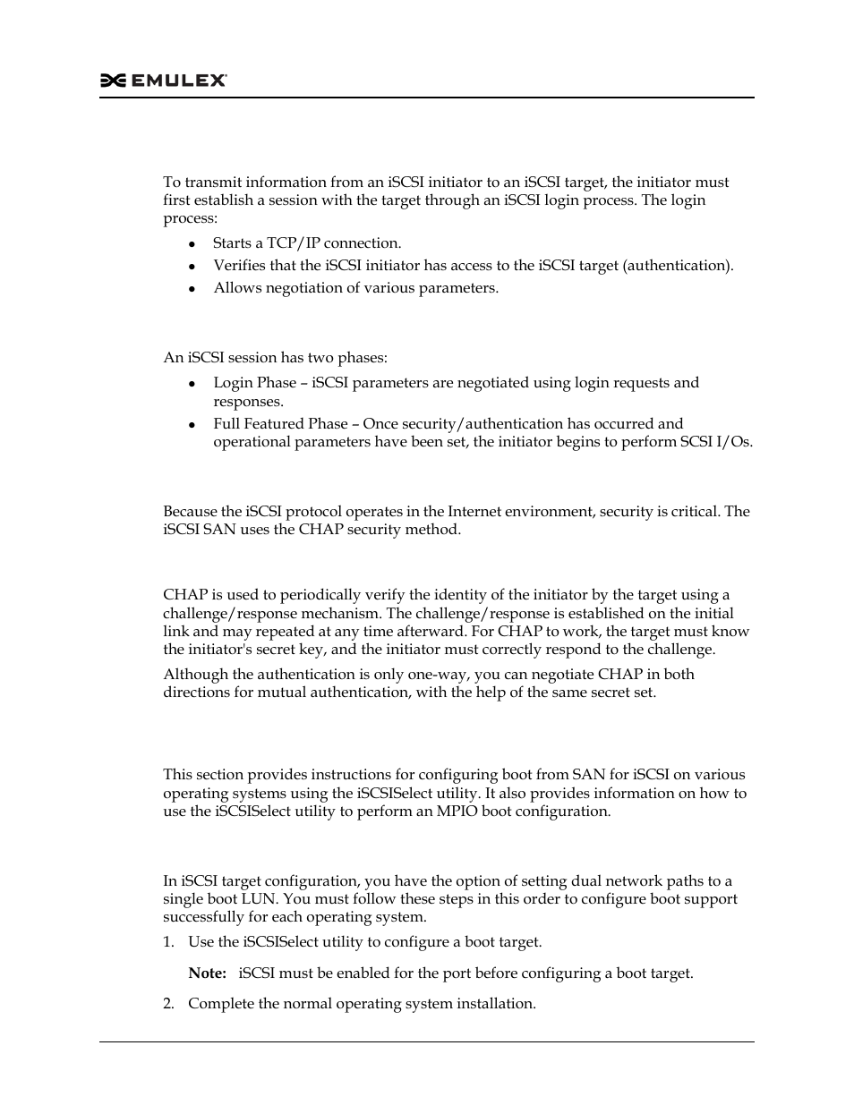 Managing an iscsi session, Logging into an iscsi session, Security | Chap authentication, Configuring for the iscsi protocol, Setting up boot from san for iscsi | Dell Emulex Family of Adapters User Manual | Page 1572 / 1815