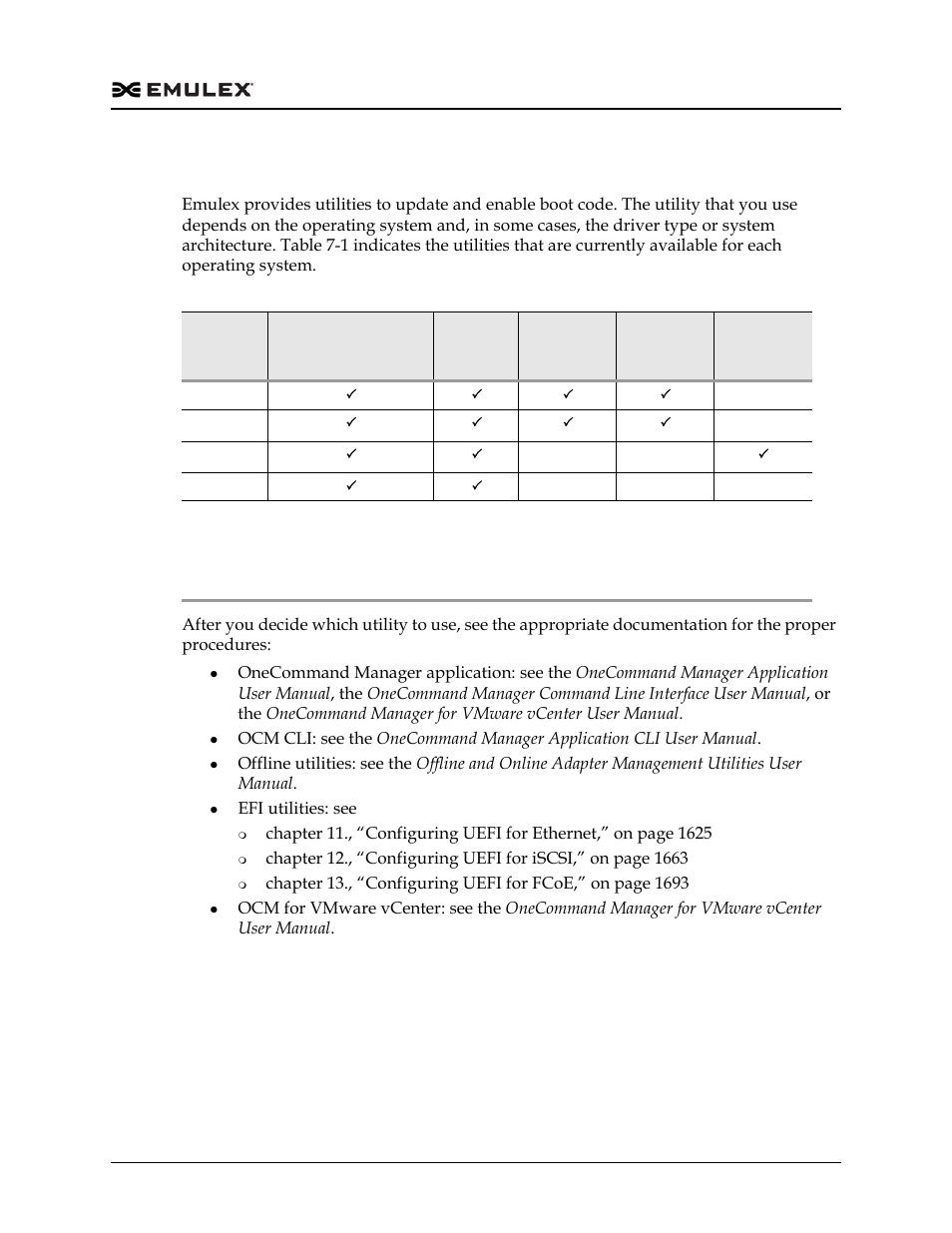 Updating and enabling boot code, Updating and enabling boot code 5, Table 7-1 | Chapter 7., “updating and, Apter. see chapter 7., “updating and, Chapter 7., “updating | Dell Emulex Family of Adapters User Manual | Page 1595 / 1815