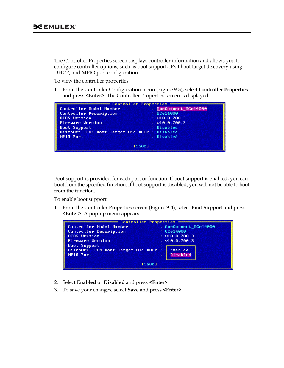 Viewing the controller properties, Enabling boot support, Viewing the controller properties 1 | Figure 9-4, Figure 9-5 | Dell Emulex Family of Adapters User Manual | Page 1601 / 1815