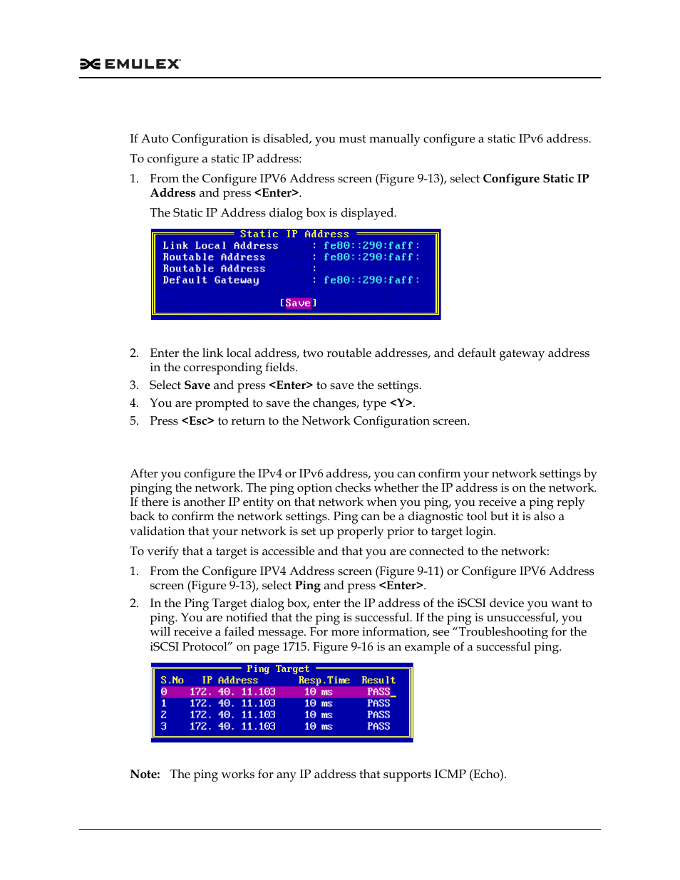 Configuring a static ipv6 address, Pinging the iscsi initiator, Figure 9-15 | Figure 9-16 | Dell Emulex Family of Adapters User Manual | Page 1608 / 1815