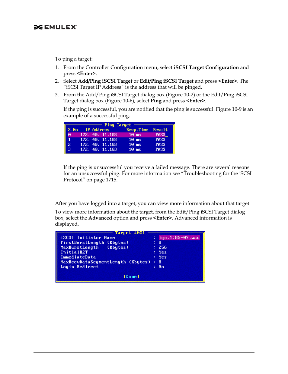 Pinging a target, Viewing advanced target properties, Figure 10-9 | Figure 10-10, Viewing advanced target properties” on, Pinging a target” on | Dell Emulex Family of Adapters User Manual | Page 1619 / 1815