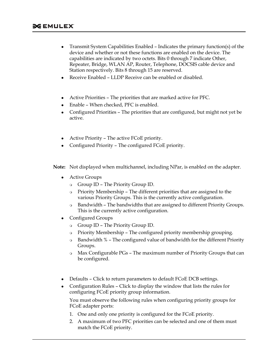 Pfc priorities area, Fcoe priority area (fcoe ports only), Ets priority groups area | Configure dcb dialog box buttons | Dell Emulex Family of Adapters User Manual | Page 162 / 1815