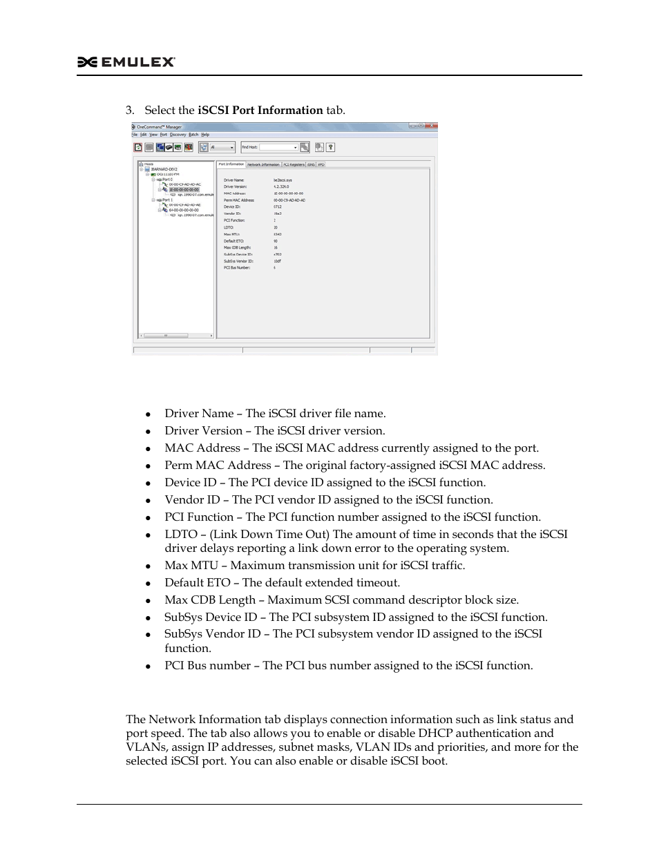 Iscsi port information field definitions, Viewing iscsi network information, Figure 8-34 | Dell Emulex Family of Adapters User Manual | Page 164 / 1815
