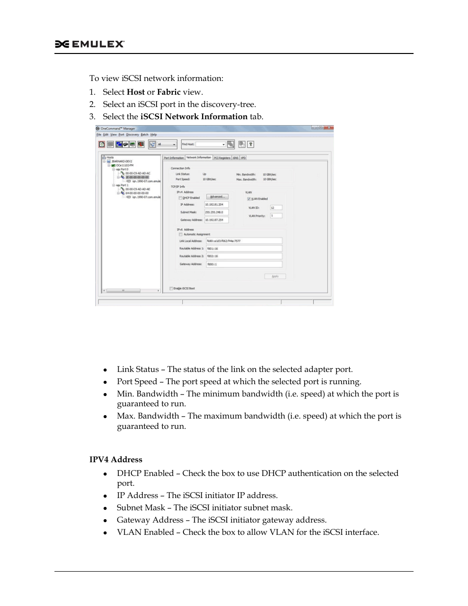 Iscsi network information tab field definitions, Figure 8-35, Connection info area | Tcp/ip configuration area | Dell Emulex Family of Adapters User Manual | Page 165 / 1815