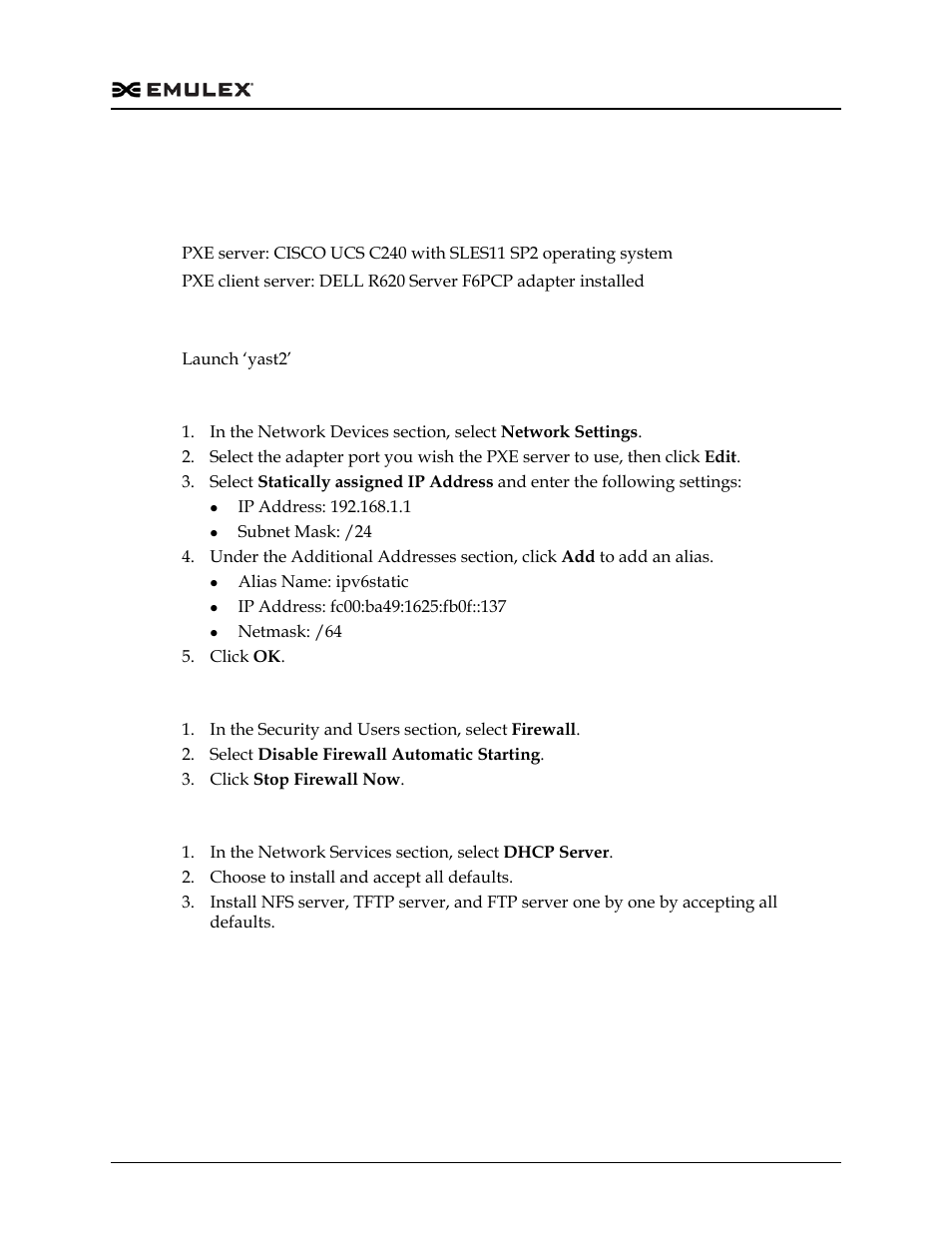 Uefi nic ipv6 pxe setup procedure for sles11 sp2, Setup information, Pxe server setup | Configure network adapter, Disable firewall, Install services, Uefi nic ipv6 pxe setup procedure for sles11 sp2 4 | Dell Emulex Family of Adapters User Manual | Page 1744 / 1815
