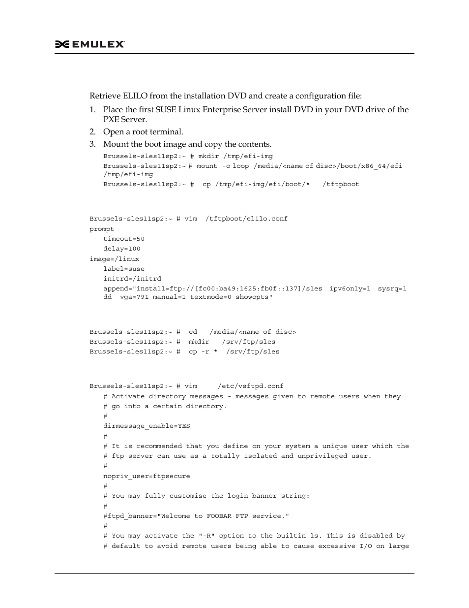 Configure elilo boot loader, Copy installation files for ftp transfer, Configure ftp to enable support for ipv6 | Dell Emulex Family of Adapters User Manual | Page 1746 / 1815