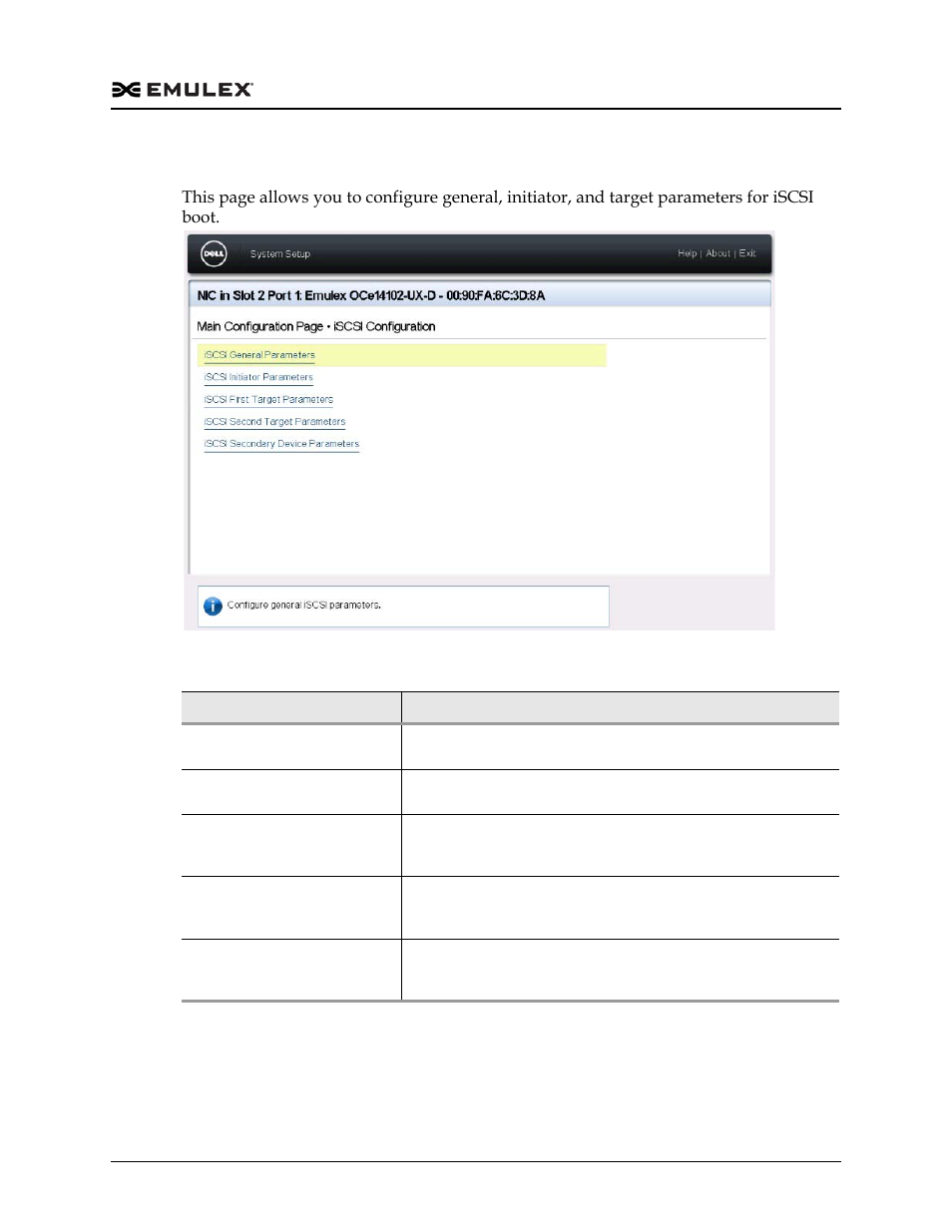 Figure f-7, Table f-6, Iscsi configuration page | Dell Emulex Family of Adapters User Manual | Page 1771 / 1815