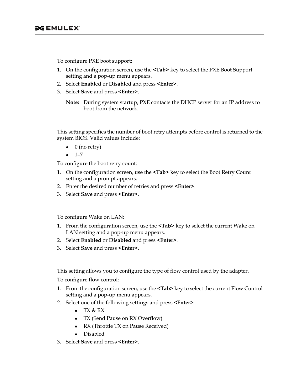 Configuring pxe boot support, Configuring the boot retry count, Configuring wake on lan | Configuring flow control | Dell Emulex Family of Adapters User Manual | Page 1787 / 1815