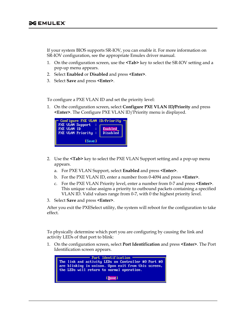 Configuring sr-iov, Configuring the pxe vlan id and priority, Physically identifying the port | Figure g-4, Figure g-5 | Dell Emulex Family of Adapters User Manual | Page 1788 / 1815