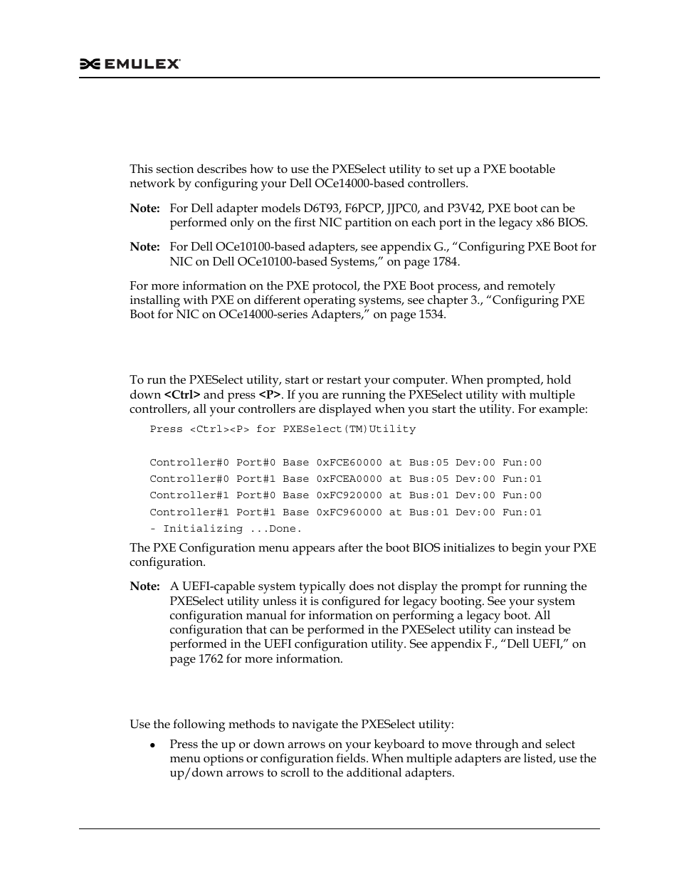 Running the pxeselect utility, Navigating the pxeselect utility, Systems 1 | E appendix h., “configuring pxe boot for | Dell Emulex Family of Adapters User Manual | Page 1791 / 1815