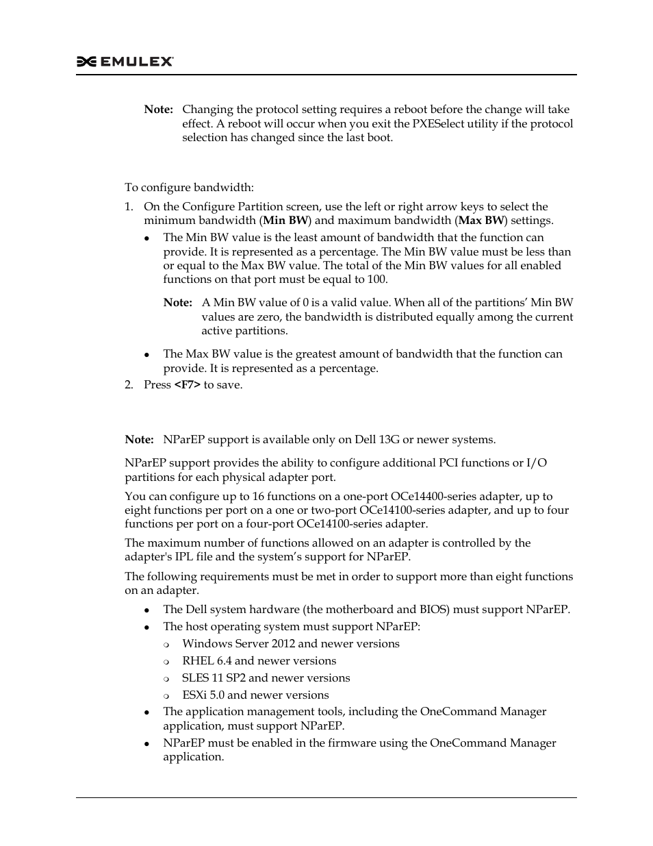 Configuring minimum and maximum bandwidth, Enabling nparep support, See “enabling nparep | Dell Emulex Family of Adapters User Manual | Page 1796 / 1815